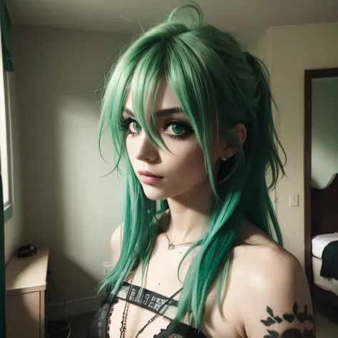 bedroom, messy hair, green hair, alternative, glam rock