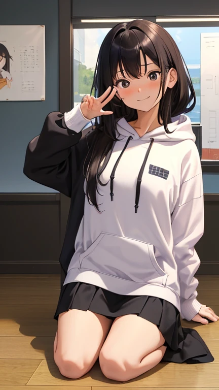 (masutepiece, Best Quality:1.2), (Looking at Viewer), (Wavy Hair:0.8),
1girl in, (Upper body:0.85), (Black theme:1.2), {Indoors|Outdoors}, Dark eyes, Dark hair, 
{Medium Hair}, Larger hoodie, (tight miniskirt:1.2),
({Happy face|peaceful face|Shy face|Curio...