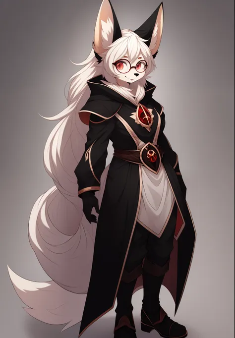 anthro, mommy female white fennec fox, solo, long white hair, red eyes, fangs, full body, one big tail, dark background. dark priest with balck and red cloack, third eye, round glasses, full body