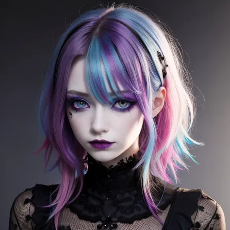 goth, bedhead, color:spectrum, excited, multi colored, pale skin, smoky eyes, vivid colors