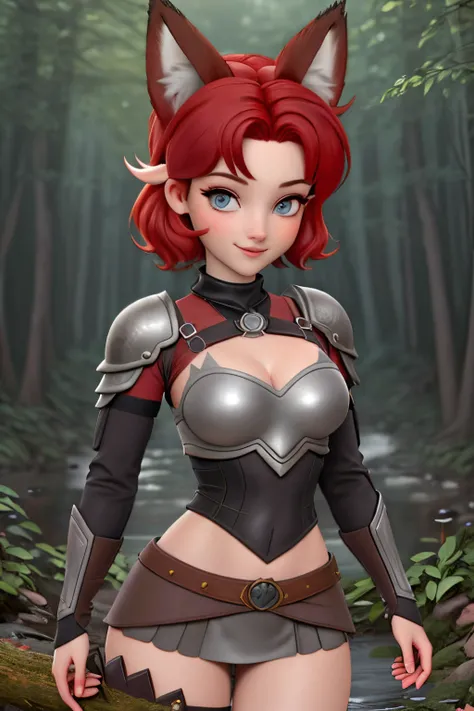 close up 1girl in, teenager, Solo, (undercut red hair: 1.28), ((light gray eyes)),  some small freckles, (dark fox ears:1.35), pale skin, medium breasts, cleavage, (thin hips, thin waist: 1.25), (arched back:1.12), detailed skin, mischievous face, shy smil...