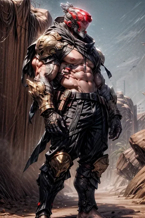 muscular man, gold science fiction helmet, black science fiction shoulder armor, Panorama, a young male model, half naked, bareleg, barefoot, in a desert, black boxer pants, abs, poss, domineering look, standing, desert background, nipples, nipples