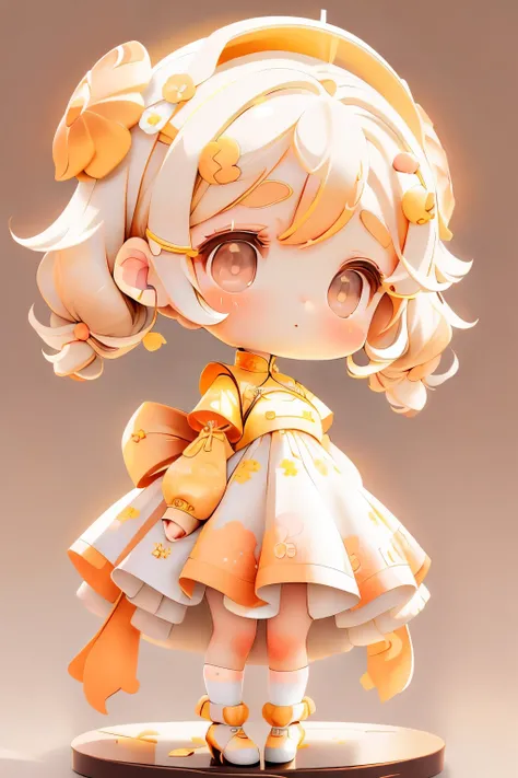 girl with, Chibi、amber, , medium pastel yellow white, luxury fabrics, dithering, Far-reaching,viewer lucky brown,qipao dress、、There are no ears on the head.There are no ears.