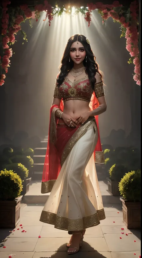 (masterpiece fantasy photography:1.3) of a (solo full body:1.3) ravishing elegant chubby supermodel Sonam Bajwa as persian bride, in a elegant garden wedding, wearing shimmering red lehenga and blouse, navel, glittering henna tattoos, lavish flower decorat...