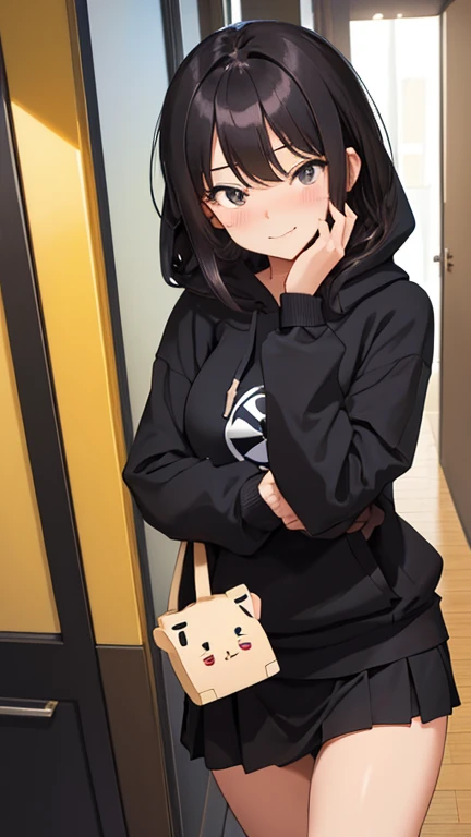 (masutepiece, Best Quality:1.2), (Looking at Viewer), (Wavy Hair:0.8),
1girl in, (Upper body:0.85), (Black theme:1.2), {Indoors|Outdoors}, Dark eyes, Dark hair, 
{Medium Hair}, Larger hoodie, (tight miniskirt:1.2),
({Happy face|peaceful face|Shy face|Curio...