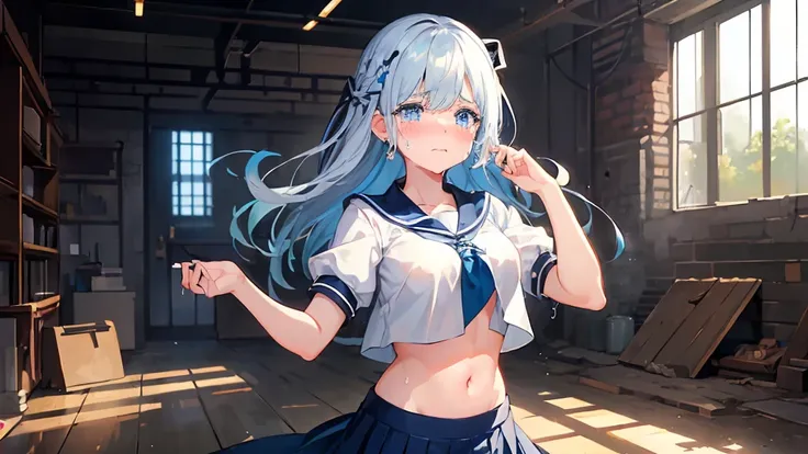 darkened room、(Steampunk Factory)、(inside factory)、(Room of Ruins 1.4)、(one girls:1.5)、white  hair、(White uniform:1.4)、(Skirt High School Student:1.3)、(Navy blue skirt 1.2)、(shortsleeves:1.2)、(a navel:1.3)、(blue eyess:1.6)、(length hair:1.2)、Works with a vi...