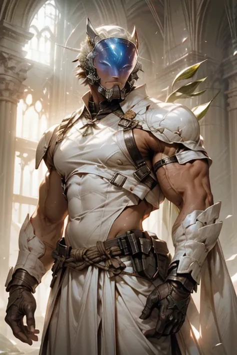 1male man, science fiction helmet ,Muscular,((the lilies)),cage,strappy,White rope,White cloth curtains,(Detail light),Falling white petals