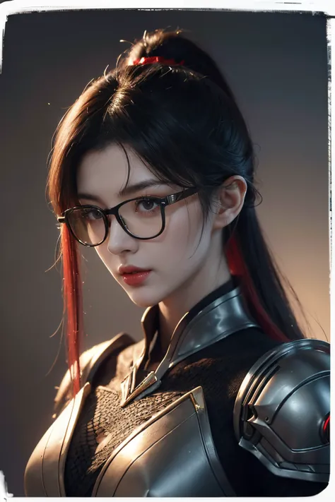 tmasterpiece,Best quality at best,A high resolution,8K,(portrait),(Close up of avatar),(RAW photogr),real photograph,digital photography,(Combination of military uniforms and cyberpunk clothing),20岁女孩,Long ponytail hairstyle,with long bangs,(Black and red ...