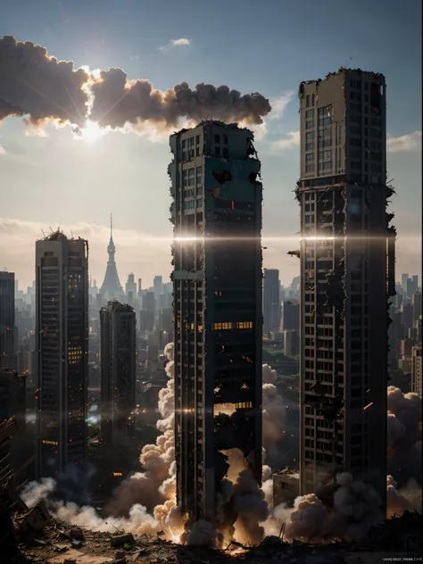 masterpiece, best quality, high quality, extremely detailed CG Unity 8k wallpaper, cinematic lighting, Seoul in ruins due to world war in 2060, (destroyed buildings: 1.3), South Korea, (after nuclear war), sci-fi, anamorphic lens flare, shallow depth of fi...