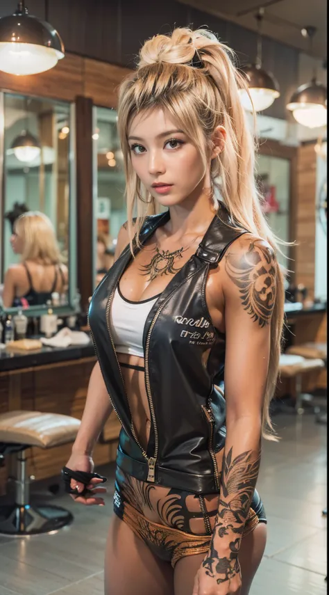 A young, muscular female hairdresser with numerous tattoos and tanned skin, showcasing a gyaru fashion style, in a realistic salon. She has blonde, dramatically styled hair and a sun-kissed, bronzed complexion. The salon is detailed, with realistic mirrors...