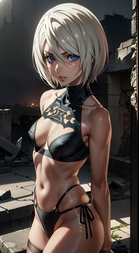 Portrait Of Girl, Face close to the camera, upper-body, the night, Lies, sideways to the viewer, Romantic, closeup face (very detailed eyes, Lips 1.1), Face close, extends his hand to the viewer, gloomy composition, gloomy background, Ruins, ruined city, V...