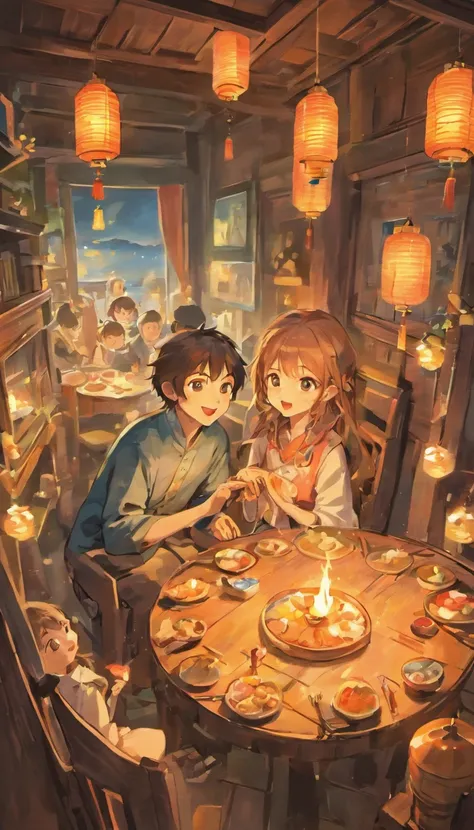 family sitting together, Enjoy reading books., Surrounded by a warm and comfortable atmosphere.. The rooms are beautifully decorated.，with lamp, It is a symbol of the happiness of the Mid-Autumn Festival.. The table was full of various foods., Including tr...