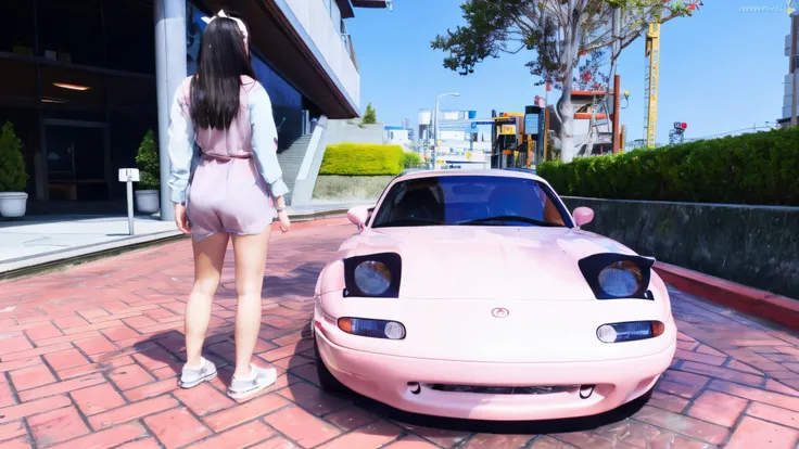 Real Japan cute girl with pink Mazda miata