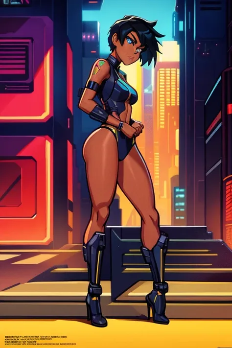 Science Fiction, Sci-Fi, Sci-Fi Movies, 23-Year-Old Filipina, tanned bronze skin, Full Body, Adult, Amber-Colored Eyes,Black Short Hair, Serious Face, wearing cyberpunk suit, complex design tech costume, cyberpunk city, most strongest pose, female action a...