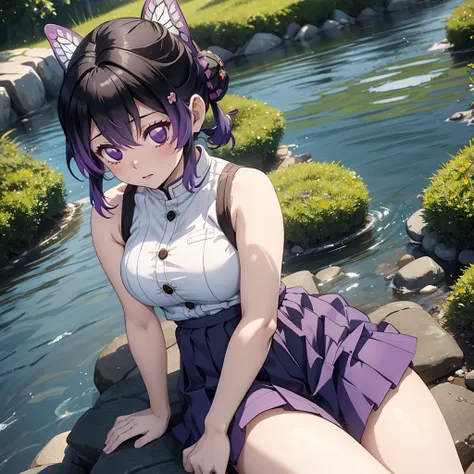 Kochou Shinobu, 1girl,masterpiece, multicolored hair,sleeveless, purple eyes, wearing blue skirt, white t shirt, school uniform , blushing, , multiple butterflies, , river, sitting beside river, legs in river , perfect lighting, highest quality, hands behi...