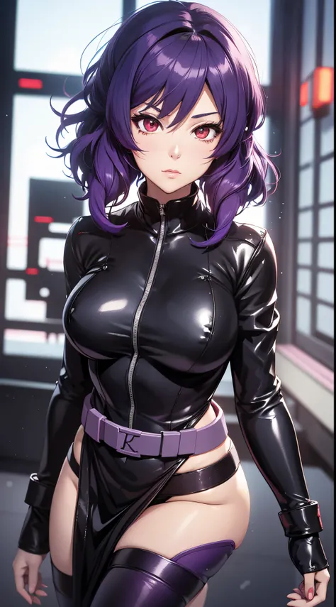 kusanagi motoko, Purple colored hair, red eyes,Anime style woman wearing black tights， anime《Fantasma na Concha》Curly, kusanagi, Misato Katsuragi, Inspired by Morikage Hisumi, anime, Fantasma na Concha, Ghost in the Shell style,seductive anime girls, Anime...