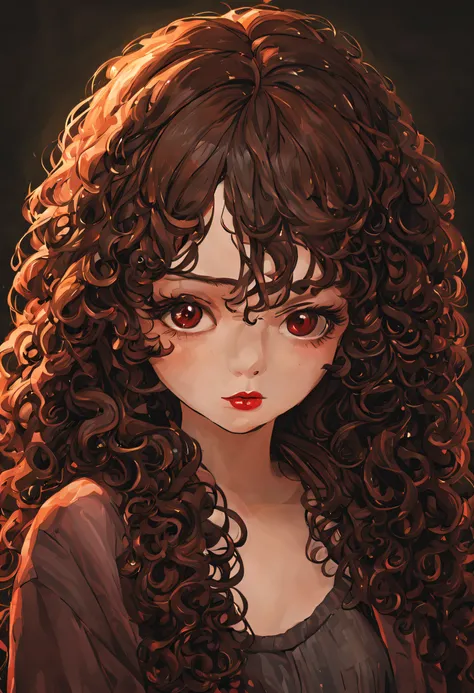 dark brown eyes,Red thick lips、long curly hair