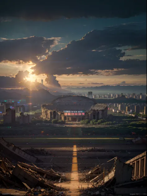 masterpiece, best quality, high quality, extremely detailed CG Unity 8k wallpaper, cinematic lighting, Seoul in ruins due to world war in 2060, (destroyed buildings: 1.3), South Korea, ((football stadium: 1.3)), (after nuclear war: 1.2), sci-fi, anamorphic...