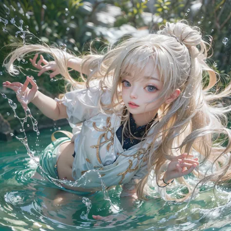 (8K, Original photography, Top image quality, masterpiece: 1.4), hyper HD, (Realistic, 真实感: 1.48), realisticlying, A high resolution, softlighting. Tiny Girls, girl jumping into the water、Falling、splash water、shout、Luminous water surface、White and Vivid co...