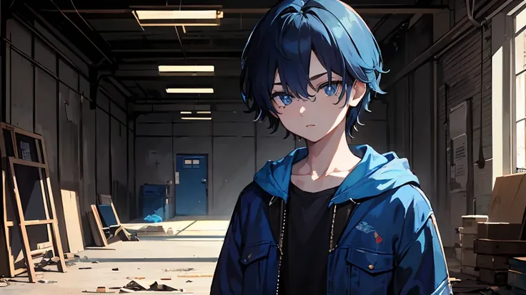 (​masterpiece:1.2)、(top-quality)、(One Boy:1.3)、A dark-haired、(Blue Jacket Hood)、(blue eyess:1.6)、Works with a vivid texture、(hair messy:1.2)、short-hair、anime scener、darkened room、warehouse、Steampunk Factory、inside factory、Abandoned rooms、Concrete room