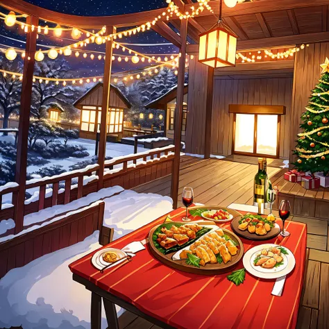 Christmas night restaurant scenery。Hokkai snow。Chicken, wine and rings on a table for two