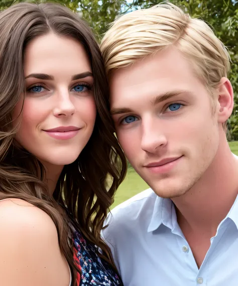 A blue eyed couple where the guy is blonde and the girl is brunette