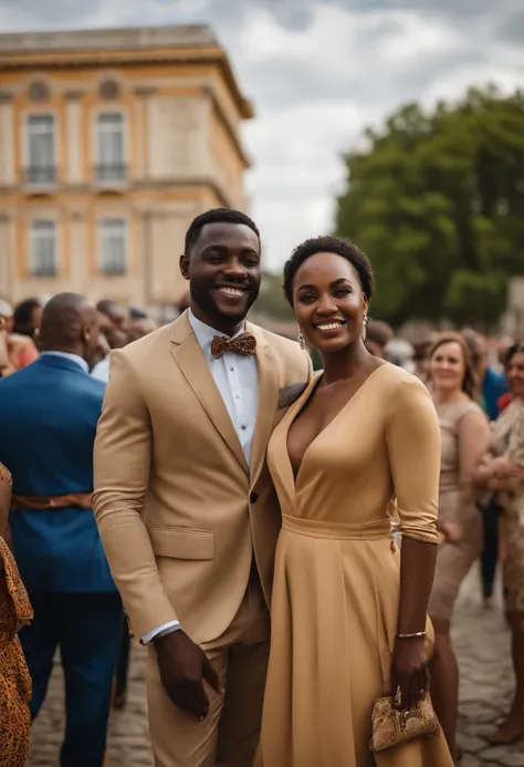 The African couple stands up in the crowd while smiling, Dans le style du Nikon D850, Neoclassical symmetry, Mode de rue, beige, File photo, Hurufiyya, Photorealistic portrait, Define faces, nez distinctifs, Focus sur les articulations/Connexions