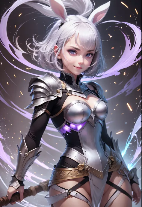 (warrior),(white bunny ears),(lilac eyes),(silver armor),(naive smile),(short hair), (((female character))),(day),(holding a battle ax ),(tanned skin tone),(silver hair),(Beautiful face 8k),(floor),(spectators),(lit environment),(particles in the air),((sp...