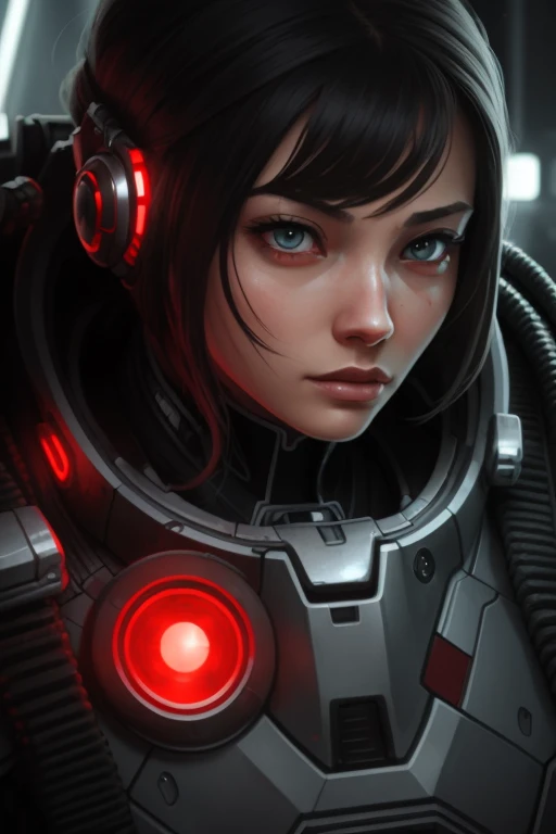 ((best quality)), ((masterpiece)), (detailed), Midjourney Style, close-up, woman, robot, red eyes, concept art, inspired by Marek Okon, digital art, Crysis Nanosuit, futuristic, (glowing elements:1.1), 4:3 aspect ratio, dynamic duo,