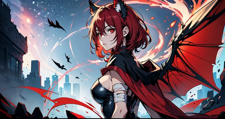 anime style,(RAW photo, 4k, master piece, very high resolution, extremely complex)(realistic: 1.4),(Bandage wrapped around head),(pointed ear),(big red bat wings), Cinematic lighting, (((a female character))), focus on alone, (Night), mist, medieval(Style)...