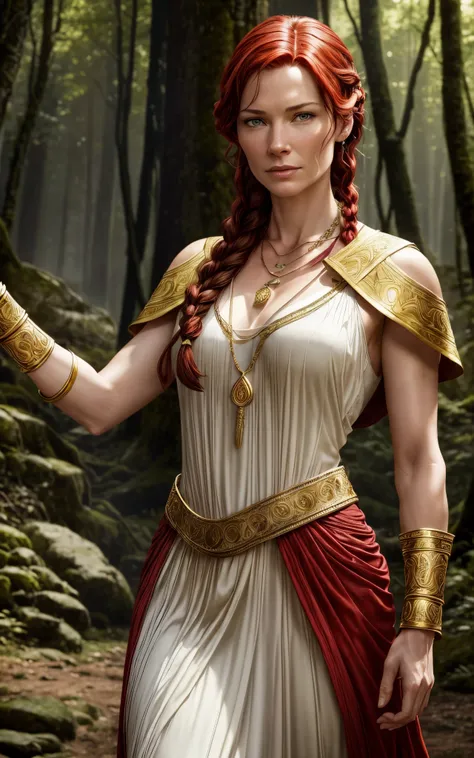 Flamme, Lena Headey:Evangeline Lilly, A 35-year-old woman with red hair, green eyes, sideburns, one large braid, a gold necklace with a ruby pendant, dressed in a white Greek tunic and Roman sandals, with gold bracelets on her arms, forest in the backgroun...