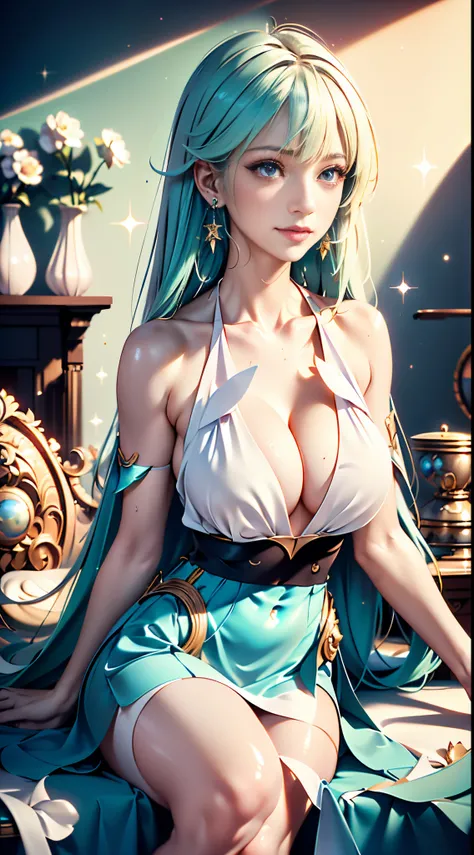 masterpiece,best quality,highres,masterpiece,best quality,finely detailed,high resolution,extremely delicate and beautiful,Volumetric Lighting,Best Shadows,Shallow Depth of Field,pink eyes,(huge breasts),(halter top:1.2),sitting,room,bookshelf,glyphtech,(h...