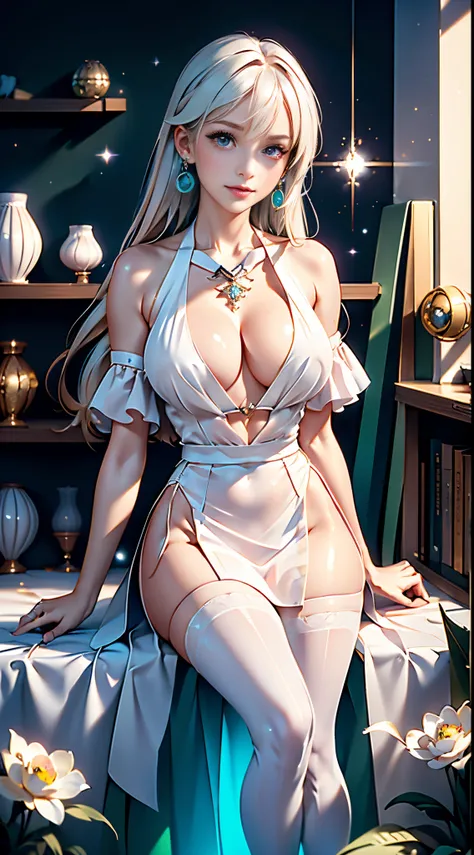 masterpiece,best quality,highres,masterpiece,best quality,finely detailed,high resolution,extremely delicate and beautiful,Volumetric Lighting,Best Shadows,Shallow Depth of Field,pink eyes,(huge breasts),(halter top:1.2),sitting,room,bookshelf,glyphtech,(h...