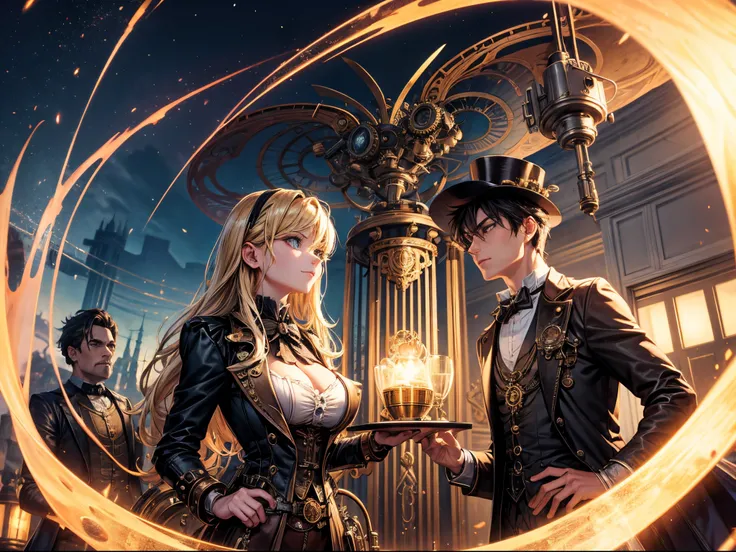 Steampunk-inspired machinery and contraptions interacting with interdimensional portals. Blend Victorian aesthetics with the futuristic concept of multiverses and wormholes. large tits