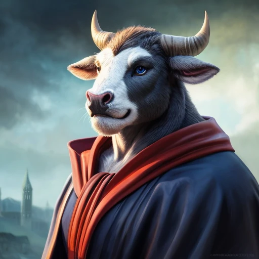 portrait bull wearing grey mage robes, intricate, photorealistic, highly detailed, 8K, stoic, medium-length horns, two-tone fur, black and grey fur,