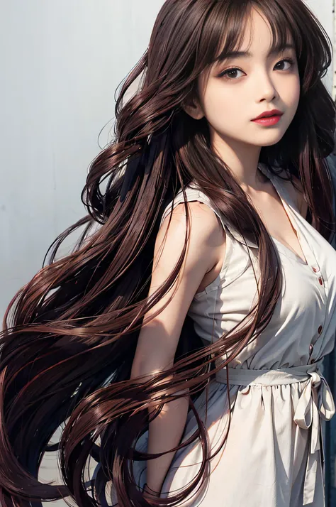 dark brown eyes,Red thick lips、long curly hair