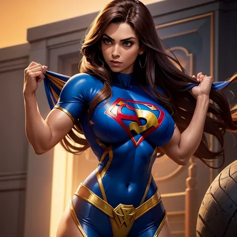 superheroine ,vinda das ilhas de phaloon, com poderes, and strength, corpo atletico, pele bronzeada, foto corpo inteiro, vestindo um uniforme colado sexy,bare neck, heroine, cabelos longos