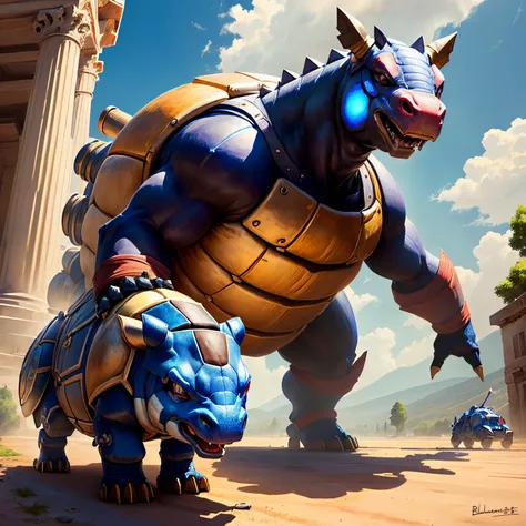 A Greek god standing on a mighty Blastoise in the style of realism