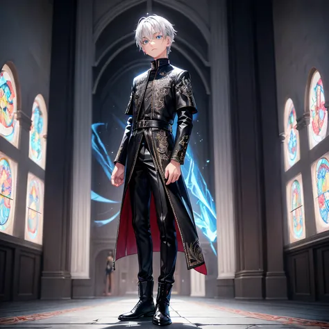 13 year old boy, half silver hair, half black hair, athletic build,ice blue eyes, noble attire (embroidery), black leather chelsea boots, standing, pistol in both hands, dark aura right side, light aura left side, middle age academy setting