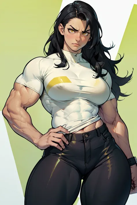 (((((muscular))))), (((thick thighs, breasts toned body, 1 girl))), black hair, pale skin, yellow eyes, frown, very long hair, ((waistup)) tight shirt tight pants sweaty