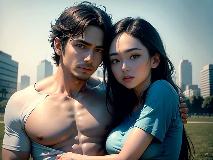 8k, masterpiece, (photorealistic:1.3), artistic portrait of a couple, (2 people:1.5), posing back to back on the grass field in the middle of big city, ((1man:1.3) with thin body wearing t-shirt) and ((1woman:1.3) with medium boobs and slim body in wet shi...