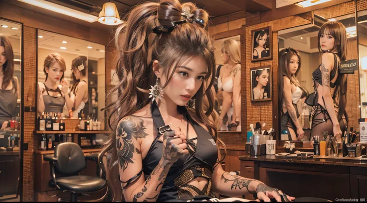 nsfw, A charismatic female hairstylist, muscular with many tattoos, working in a luxurious salon. She has a deep tan, typical of a gyaru style, and is intensely focusing on her work while holding scissors. The image should include detailed depictions of th...