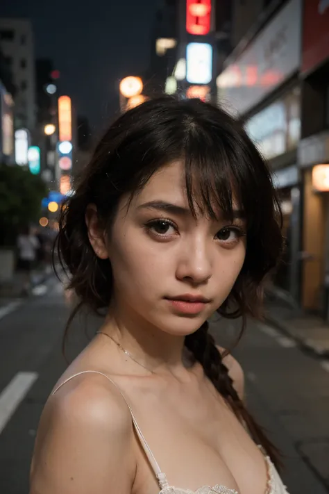 1girl、Streets of Tokyo、the night、urban landscape、Urban light、a closeup of a、８ｋ、RAW photography、topquality、tmasterpiece、realisitic、photorealestic