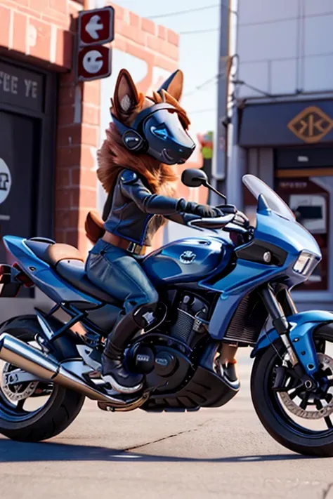 dog wearing black double riders, straddling a blue motorcycle　Urban area