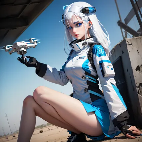 Female disassembly drone with white hair and blue eys