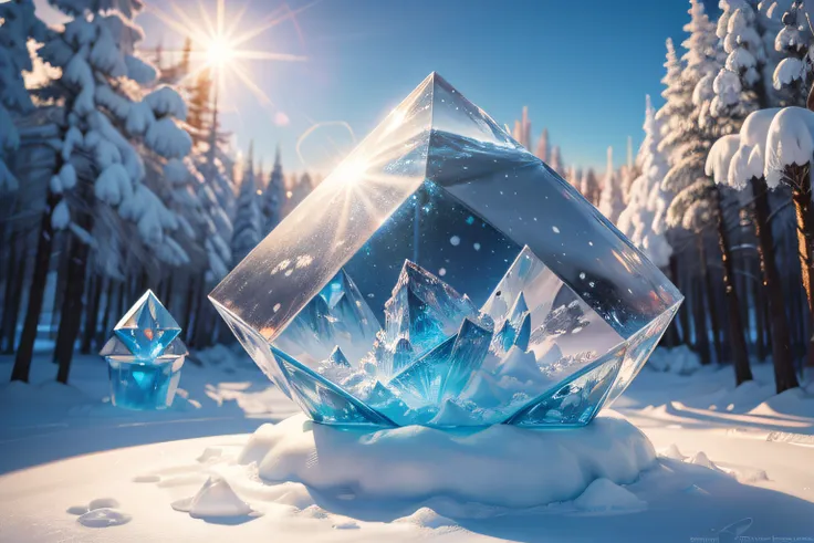 (Ice Sculpture Theme Park), snowy sidewalks, ice sculptures of various geometric shapes, ice sculptures of people and animals, icy geometric artwork, snow on the trees, winter, Clear weather, Sunny, sun glare in ice sculptures, is beautiful, A masterpiece ...