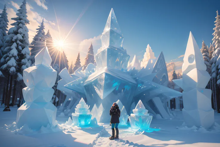 (Ice Sculpture Theme Park), snowy sidewalks, ice sculptures of various geometric shapes, ice sculptures of people and animals, icy geometric artwork, snow on the trees, winter, Clear weather, Sunny, sun glare in ice sculptures, is beautiful, A masterpiece ...