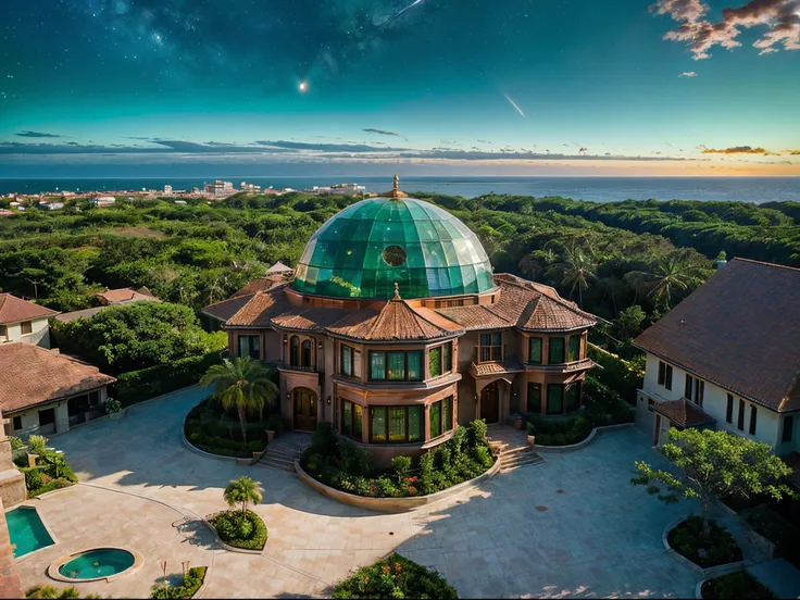 A Beautiful Day in the Neighborhood, mansions clad in white marble and metal, a large glass dome roof, with roman columns, emerald green marble, beautiful landscaped gardens with tropical plants, ocean front of a beautiful tropical beach, ((evening sky wit...