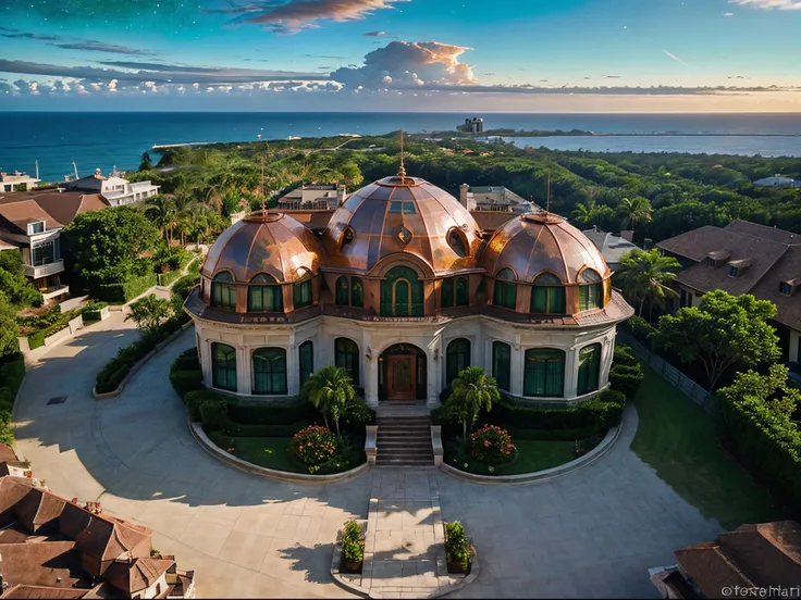 A Beautiful Day in the Neighborhood, mansions clad in white marble and metal, a large glass dome roof, with roman columns, emerald green marble, beautiful landscaped gardens with tropical plants, ocean front of a beautiful tropical beach, ((evening sky wit...