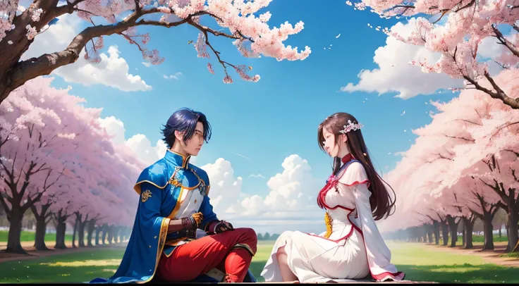 The background is dominated by fan cherry blossoms，Under the blue sky and sunshine。The hero and heroine meet under the tree，There are white love clouds behind you